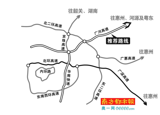 往惠州,河源,粤东方向     华南快速干线(春岗立交)—广河高速.